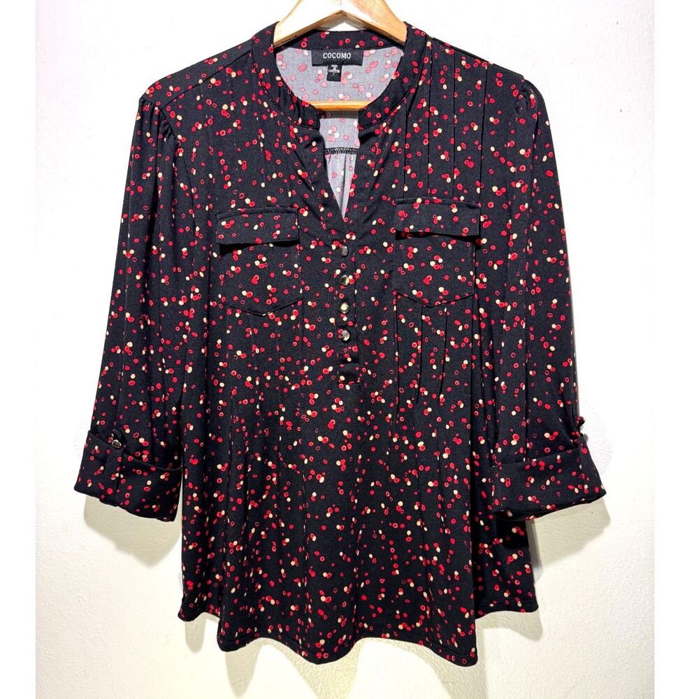 Cocomo popover shirt black red dots comfy casual women L